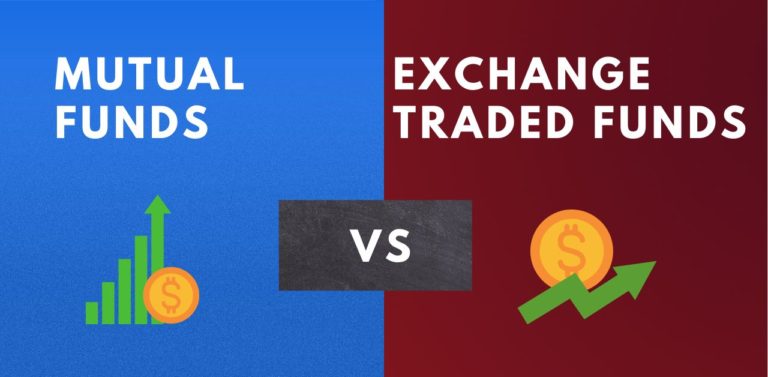 Image with two colors on each side of the image displaying Mutual Fund vs Exchange Traded Fund